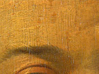 Verdonkerde olieverf retouches bij voorhoofd geschilderd portret